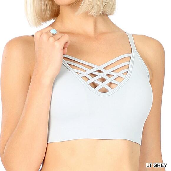 1X/2X Light Grey Front V Lattice Bralette + bra padding adjustable straps Zenana - Picture 15 of 15